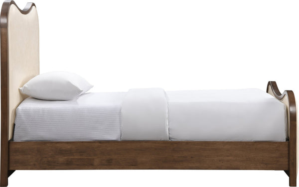 Meridian Furniture Arvada Sculptural Twin Bed Cream Vegan Leather Upholstered Mid-century Solid Wood Frame B1238Cream-T