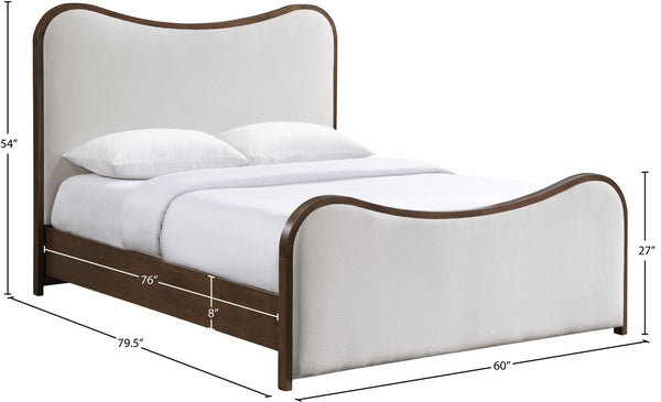 Meridian Furniture Arvada Full Bed Upholstered Wingback Frame with Walnut Base Mid-century Modern Bedroom Platform Beige Linen Textured Fabric B1239Beige-F