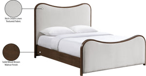 Meridian Furniture Arvada Full Bed Upholstered Wingback Frame with Walnut Base Mid-century Modern Bedroom Platform Beige Linen Textured Fabric B1239Beige-F