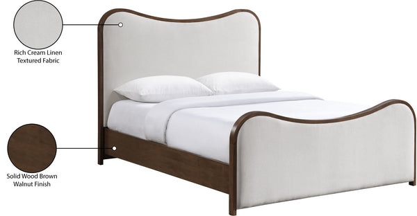 Meridian Furniture Arvada Full Bed Upholstered Wingback Frame with Walnut Base Mid-century Modern Bedroom Platform Beige Linen Textured Fabric B1239Beige-F