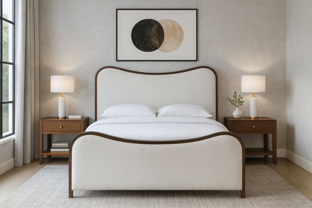 Meridian Furniture Arvada Full Bed Upholstered Wingback Frame with Walnut Base Mid-century Modern Bedroom Platform Beige Linen Textured Fabric B1239Beige-F