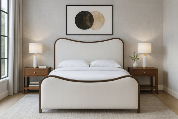 Meridian Furniture Arvada Full Bed Upholstered Wingback Frame with Walnut Base Mid-century Modern Bedroom Platform Beige Linen Textured Fabric B1239Beige-F