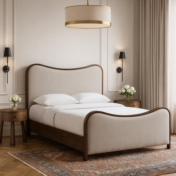 Meridian Furniture Arvada King Bed Sculptural Linen Upholstered Frame with Walnut Wood Base Platform B1239Beige-K