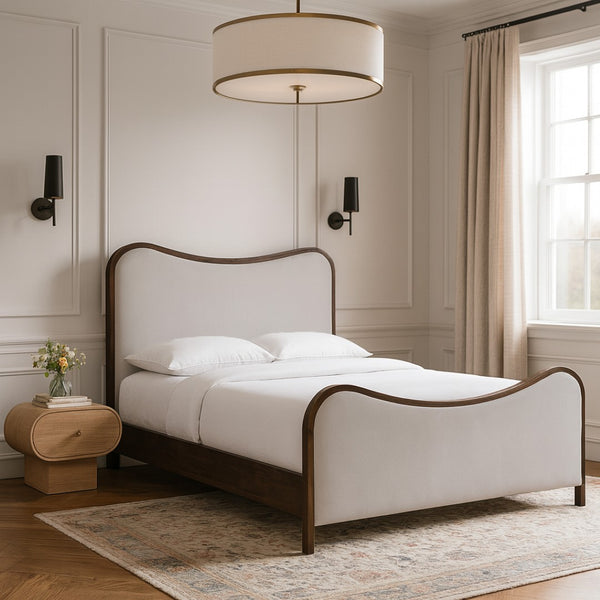 Meridian Furniture Arvada Queen Bed Linen Upholstered Platform Frame with Walnut Wood Base B1239Beige-Q