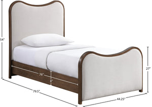 Meridian Furniture Arvada Linen Upholstered Twin Platform Bed Mid Century Sculpted Walnut Wood Base B1239Beige-T