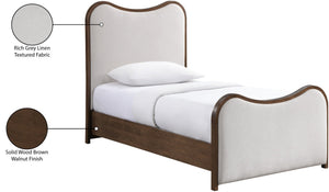 Meridian Furniture Arvada Linen Upholstered Twin Platform Bed Mid Century Sculpted Walnut Wood Base B1239Beige-T