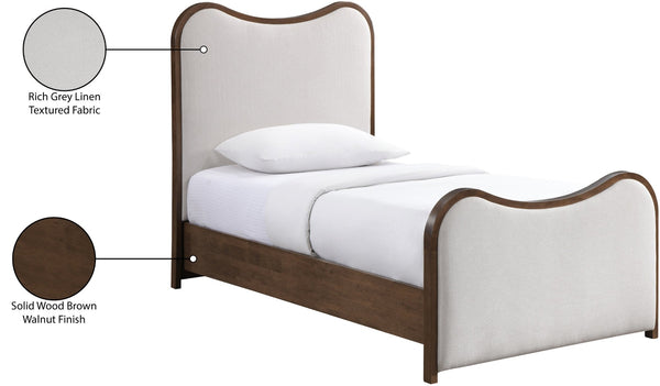 Meridian Furniture Arvada Linen Upholstered Twin Platform Bed Mid Century Sculpted Walnut Wood Base B1239Beige-T