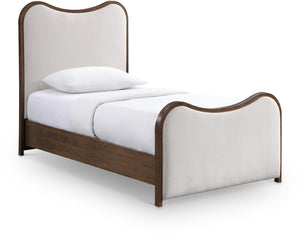 Meridian Furniture Arvada Linen Upholstered Twin Platform Bed Mid Century Sculpted Walnut Wood Base B1239Beige-T