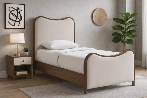 Meridian Furniture Arvada Linen Upholstered Twin Platform Bed Mid Century Sculpted Walnut Wood Base B1239Beige-T