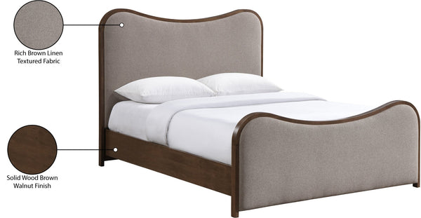 Meridian Furniture Arvada Full Bed Upholstered Wingback Frame with Walnut Base Mid-century Modern Bedroom Platform Brown Linen Textured Fabric B1239Brown-F