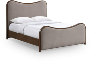 Meridian Furniture Arvada Full Bed Upholstered Wingback Frame with Walnut Base Mid-century Modern Bedroom Platform Brown Linen Textured Fabric B1239Brown-F