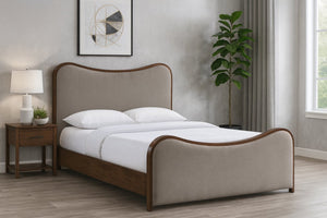Meridian Furniture Arvada Full Bed Upholstered Wingback Frame with Walnut Base Mid-century Modern Bedroom Platform Brown Linen Textured Fabric B1239Brown-F