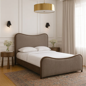 Meridian Furniture Arvada Linen Upholstered King Bed Walnut Wood Base Mid-century Low Profile Frame B1239Brown-K