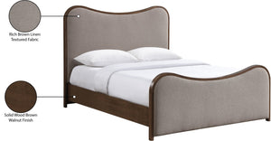 Meridian Furniture Arvada Queen Upholstered Bed Sculptural Linen Headboard Mid-century Walnut Platform B1239Brown-Q