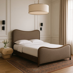 Meridian Furniture Arvada Queen Upholstered Bed Sculptural Linen Headboard Mid-century Walnut Platform B1239Brown-Q