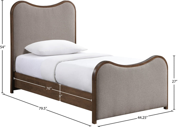 Meridian Furniture Arvada Linen Upholstered Twin Bed Sculpted Headboard Walnut Base Mid-century Style B1239Brown-T