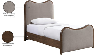 Meridian Furniture Arvada Linen Upholstered Twin Bed Sculpted Headboard Walnut Base Mid-century Style B1239Brown-T