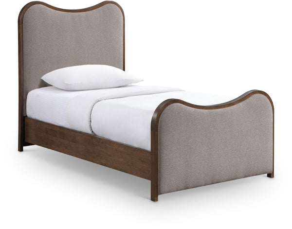 Meridian Furniture Arvada Linen Upholstered Twin Bed Sculpted Headboard Walnut Base Mid-century Style B1239Brown-T