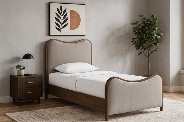 Meridian Furniture Arvada Linen Upholstered Twin Bed Sculpted Headboard Walnut Base Mid-century Style B1239Brown-T