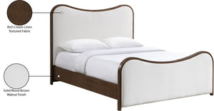 Meridian Furniture Arvada Full Bed Upholstered Wingback Frame with Walnut Base Mid-century Modern Bedroom Platform Cream Linen Textured Fabric - B B1239Cream-F