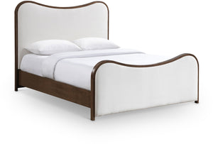 Meridian Furniture Arvada Full Bed Upholstered Wingback Frame with Walnut Base Mid-century Modern Bedroom Platform Cream Linen Textured Fabric - B B1239Cream-F