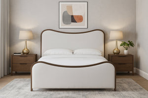 Meridian Furniture Arvada Full Bed Upholstered Wingback Frame with Walnut Base Mid-century Modern Bedroom Platform Cream Linen Textured Fabric - B B1239Cream-F