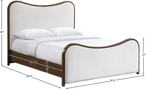 Meridian Furniture Arvada King Bed Cream Linen Upholstered Platform Frame with Walnut Wood Base B1239Cream-K