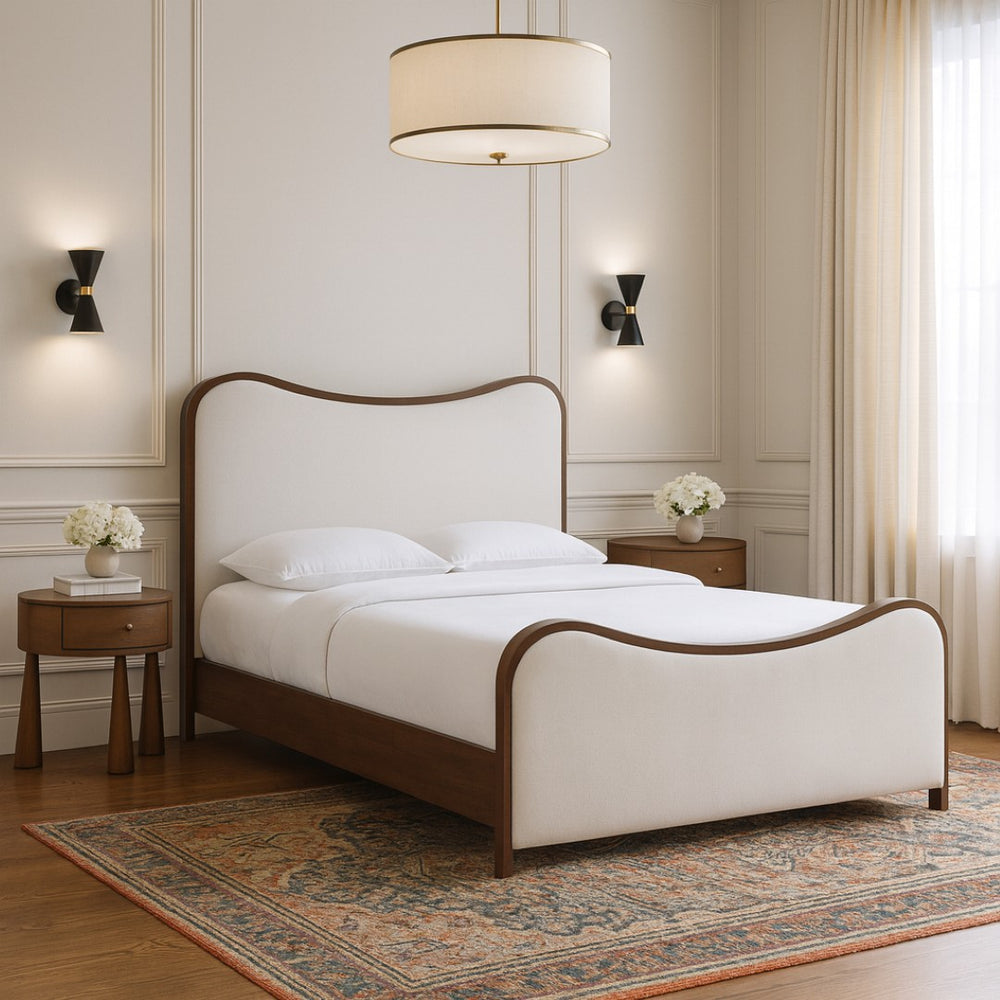 Meridian Furniture Arvada King Bed Cream Linen Upholstered Platform Frame with Walnut Wood Base B1239Cream-K