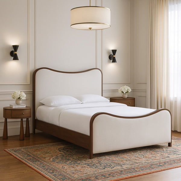 Meridian Furniture Arvada King Bed Cream Linen Upholstered Platform Frame with Walnut Wood Base B1239Cream-K