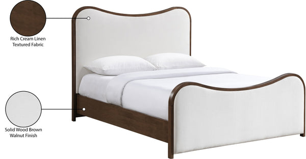 Meridian Furniture Arvada Queen Bed Sculptural Linen Upholstered Headboard Walnut Base Platform Frame B1239Cream-Q