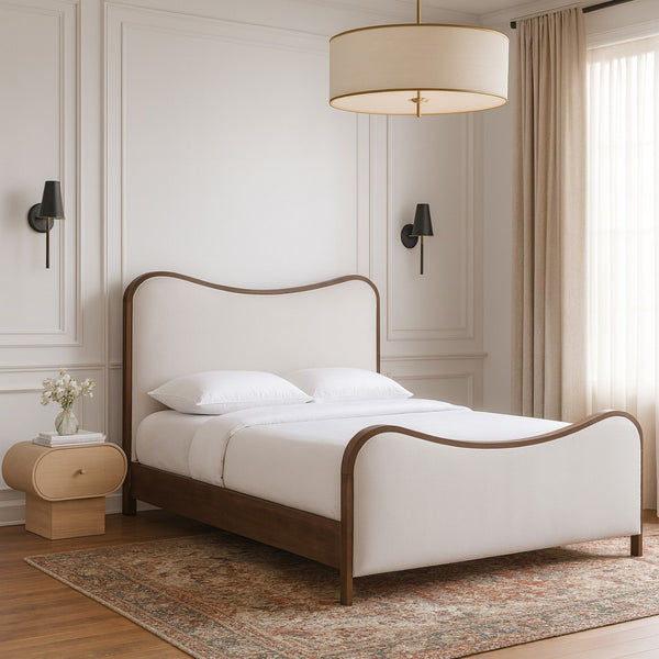 Meridian Furniture Arvada Queen Bed Sculptural Linen Upholstered Headboard Walnut Base Platform Frame B1239Cream-Q