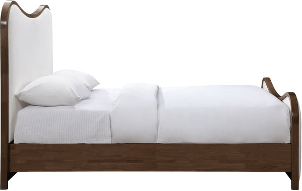 Meridian Furniture Arvada Queen Bed Sculptural Linen Upholstered Headboard Walnut Base Platform Frame B1239Cream-Q