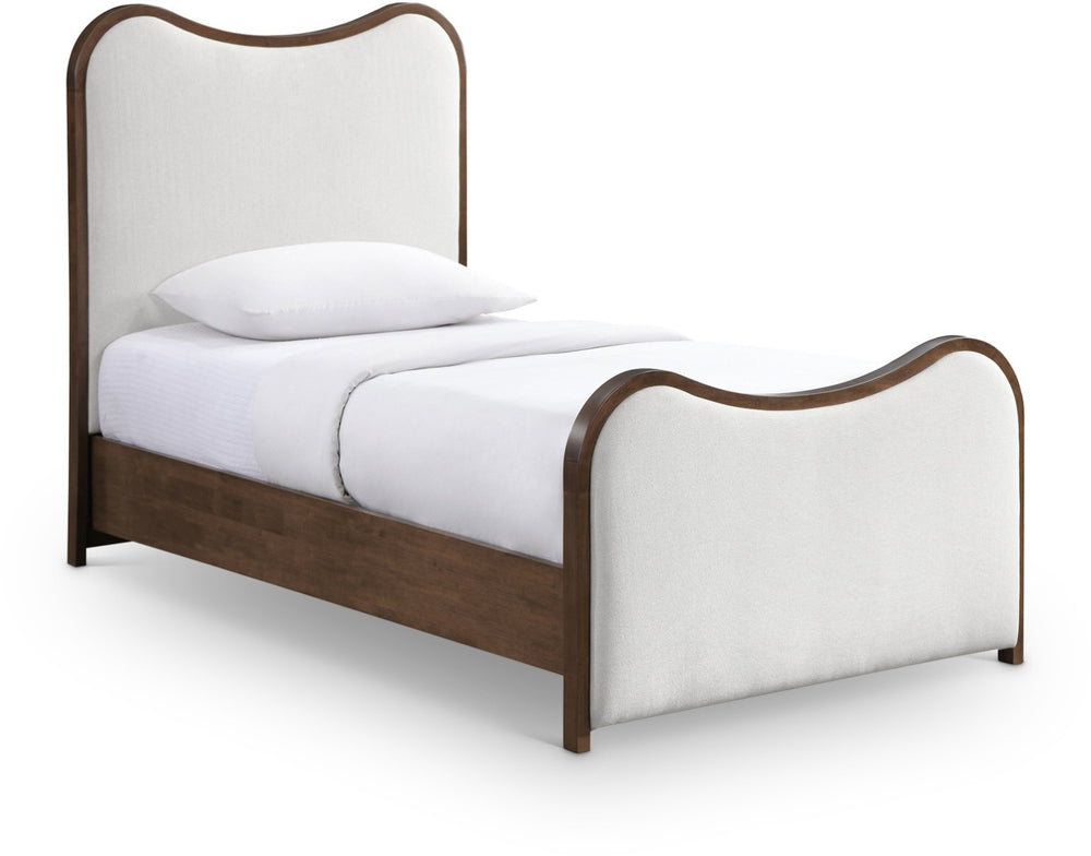 Meridian Furniture Arvada Twin Bed Linen Upholstered Walnut Base Platform Frame for Modern Bedroom B1239Cream-T