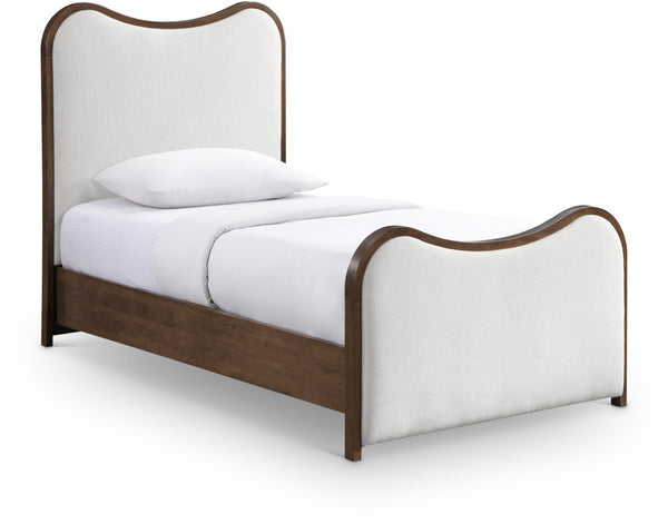 Meridian Furniture Arvada Twin Bed Linen Upholstered Walnut Base Platform Frame for Modern Bedroom B1239Cream-T