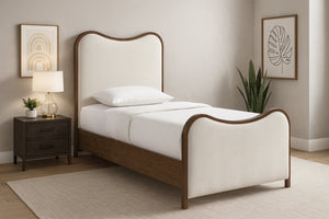 Meridian Furniture Arvada Twin Bed Linen Upholstered Walnut Base Platform Frame for Modern Bedroom B1239Cream-T