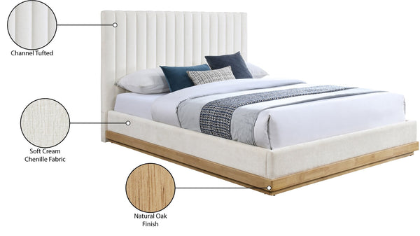 Meridian Furniture Emmet Channel Tufted Full Platform Bed Chenille Upholstery Walnut Wood Base Modern Bedroom Cream - A B1244Cream-F