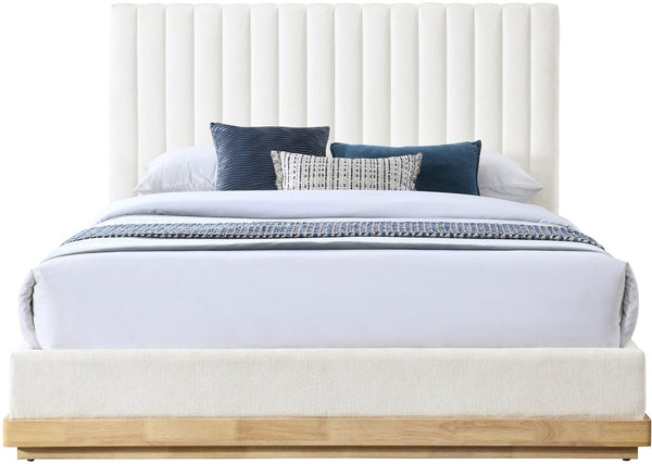 Meridian Furniture Emmet Channel Tufted Full Platform Bed Chenille Upholstery Walnut Wood Base Modern Bedroom Cream - A B1244Cream-F