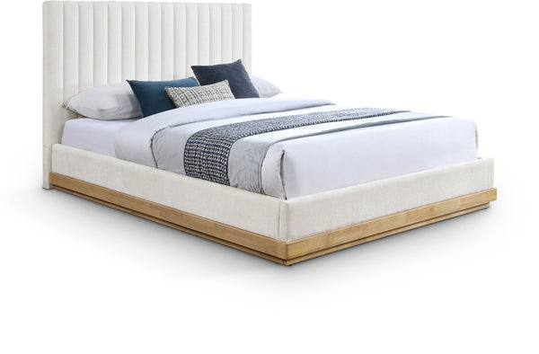 Meridian Furniture Emmet King Bed Channel Tufted Chenille Headboard Solid Wood Base Upholstered Platform Frame Cream - A B1244Cream-K
