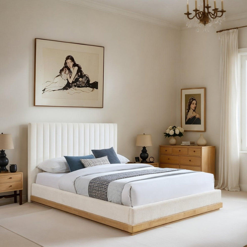 Meridian Furniture Emmet King Bed Channel Tufted Chenille Headboard Solid Wood Base Upholstered Platform Frame Cream - A B1244Cream-K