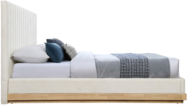 Meridian Furniture Emmet King Bed Channel Tufted Chenille Headboard Solid Wood Base Upholstered Platform Frame Cream - A B1244Cream-K