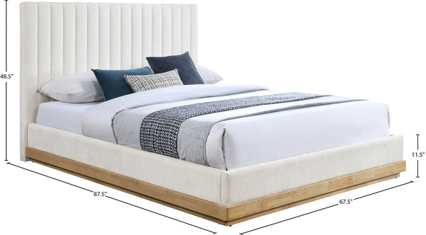 Meridian Furniture Emmet Queen Bed Channel Tufted Chenille Headboard Walnut Wood Base Cozy Bedroom Retreat Cream - A B1244Cream-Q