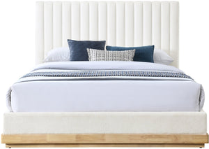Meridian Furniture Emmet Queen Bed Channel Tufted Chenille Headboard Walnut Wood Base Cozy Bedroom Retreat Cream - A B1244Cream-Q