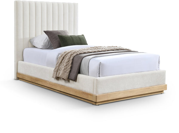 Meridian Furniture Emmet Channel Tufted Twin Bed Chenille Upholstered Wood Base Modern Platform Frame Cream - A B1244Cream-T