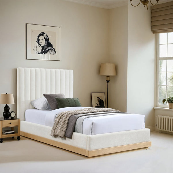 Meridian Furniture Emmet Channel Tufted Twin Bed Chenille Upholstered Wood Base Modern Platform Frame Cream - A B1244Cream-T