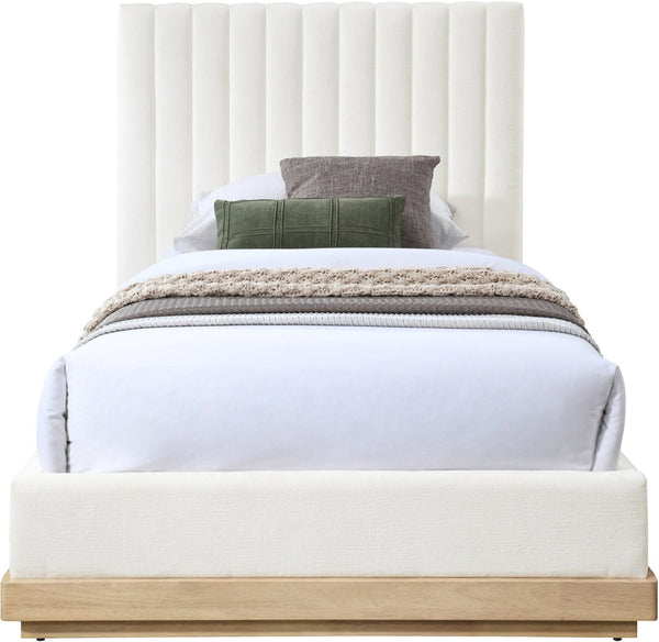 Meridian Furniture Emmet Channel Tufted Twin Bed Chenille Upholstered Wood Base Modern Platform Frame Cream - A B1244Cream-T