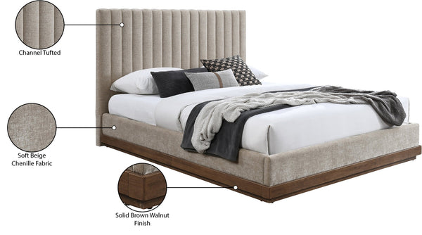 Meridian Furniture Emmet Channel Tufted Full Platform Bed Chenille Upholstery Walnut Wood Base Modern Bedroom Beige B1245Beige-F