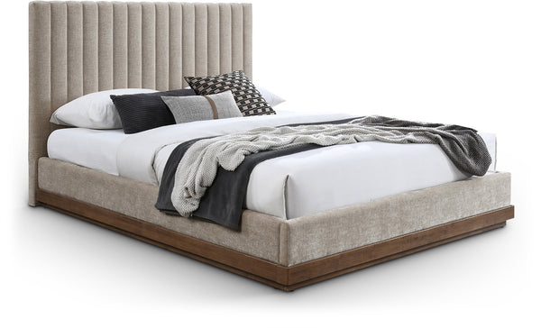 Meridian Furniture Emmet Channel Tufted Full Platform Bed Chenille Upholstery Walnut Wood Base Modern Bedroom Beige B1245Beige-F