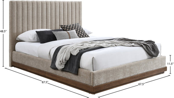 Meridian Furniture Emmet Queen Bed Channel Tufted Chenille Headboard Walnut Wood Base Cozy Bedroom Retreat Beige B1245Beige-Q