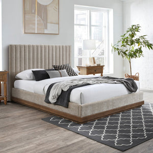 Meridian Furniture Emmet Queen Bed Channel Tufted Chenille Headboard Walnut Wood Base Cozy Bedroom Retreat Beige B1245Beige-Q
