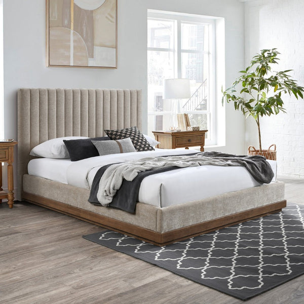 Meridian Furniture Emmet Queen Bed Channel Tufted Chenille Headboard Walnut Wood Base Cozy Bedroom Retreat Beige B1245Beige-Q